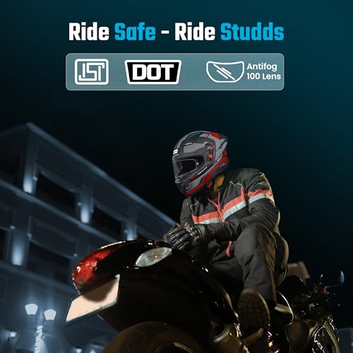Image of STUDDS Helios Asphalt Full Face ISI and DOT Certified Helmet with Dual Visor MATT Black & Grey RED - M