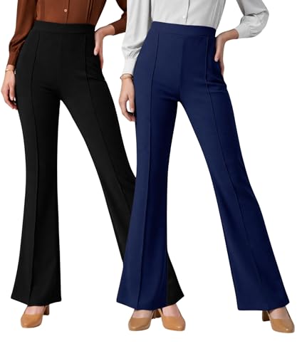 Image of Women Solid Flared Trousers Pack of 2 | High Waist Stretchable Office Pants for Women | Formal Bell Bottom Palazzo Trouser Combo