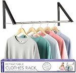 Double Foldable Clothing Rack w/Extension Rod, Wall-Mounted Retractable Clothes Hanger for Laundry Dryer Room, Hanging Drying Rod, Small Collapsible Folding Garment Racks, Dorm Accessories (Black)