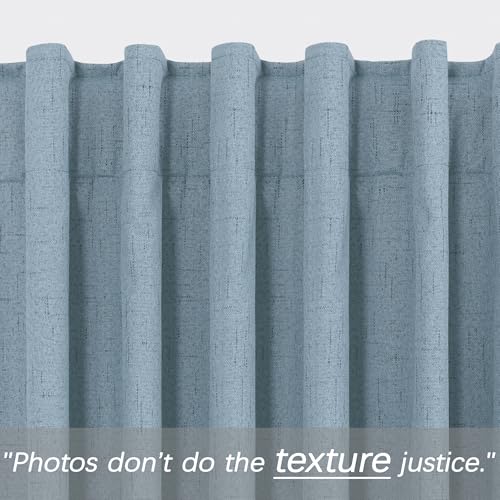 Image of KOUFALL 90 Inch Stone Blue Linen Blackout Curtains, Thermal Insulated Blue Grey Black Out Curtains for Boys Bedroom, Wide 52 x 90 Inch Long, 2 Panels Set
