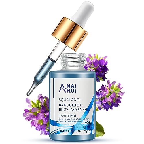 ANAI RUI Bakuchiol Blue Tansy Night-Repair Facial Oil Natural Retinol Alternative + Squalane Jojoba for Deep Wrinkles & Fine Lines Soothing Calm & Soothe Redness Hydrating Balancing 1 FL.OZ
