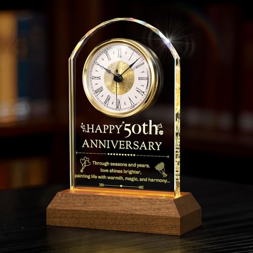 Tempospark 50th Anniversary Wedding Gifts, 50 Year Wedding Anniversary Clock, 50th Anniversary Marriage Gift for Couple, Parents, Him, Her (Wooden Base with LED Light)