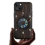 Carveit Wooden Case for iPhone 15 Plus Magnetic Case, Compatible with MagSafe Wireless Chargers, Shockproof Cover, Handmade Shell Inlaid & Wood Artisan Engraved (Viking) Blackwood