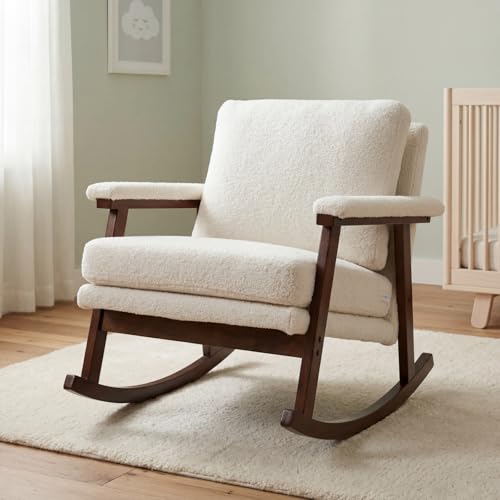 MNGLIRC Nursery Rocking Chair, Compact Upholstered Rocker with Solid Wood Legs, Cozy Nursing Glider Chair for Mom, Small Space Chair for Nursery, Bedroom，White