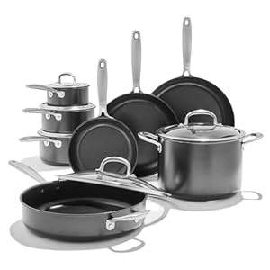 OXO Softworks 13 Piece Cookware Pots and Pans Set, 3-Layered German Engineered Nonstick Coating, Frypans, Saucepans, Saute Pan, Stockpot, Lids, Dishwasher Safe, Gray