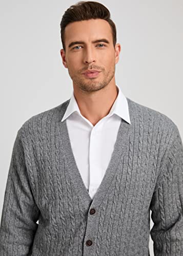 Kallspin Men's Cardigan Sweater Wool Blend Cable Knit V Neck Buttons Cardigan With Pockets(Light Grey, X-Large) #TOP3