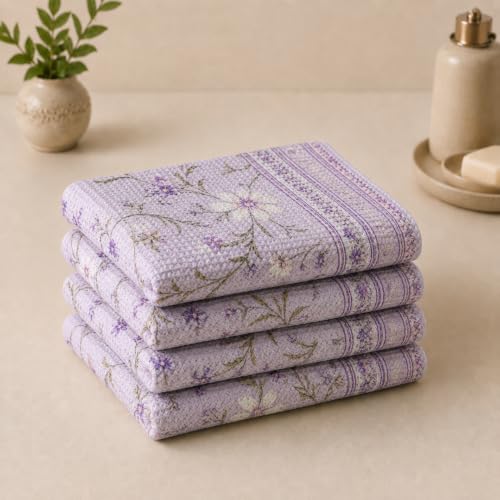 Image of Cotton Rich Printed Waffle Hand Towel | Lightweight | Anti Microbial & Water Absorbent | Soft Touch Quick Drying Towels (Lilac Bloom, Pack of 4)