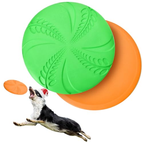 Nobleza 2 Pack Dog Flying Disc, Interactive Flyer Dog Toys for Small Medium Large Dogs to Fetch, Durable Outdoor Dog Disc Toy for Long-Distance Flies and Floats on Water, Orange & Green