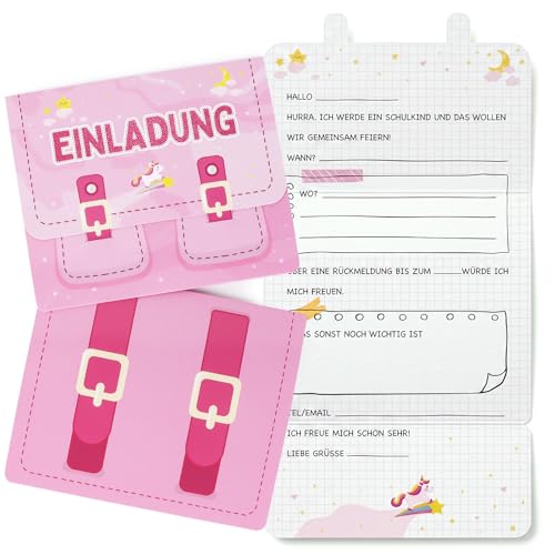 COMOOKA 12x Einladungskarten Einschulung Mädchen Rosa - Faltbare Schulanfang Einladung Einschulung Karten mit Schulranzen Design - Originelle Einladungskarten Schuleinführung Mädchen