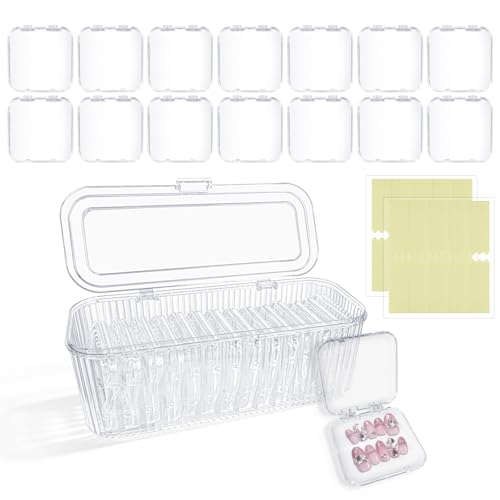 Boîte de Rangement pour Faux Ongles (Press-on Nails) – Set de Rangement Transparent avec 1 Grande Boîte, 14 Étuis Individuels et 60 Adhésifs Double Face....