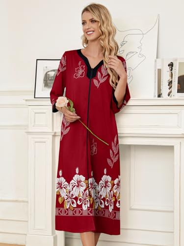 PITINAN Long Duster Housecoat Nightgown Womens Sleepwear Momo Dresses Cotton Short Sleeve Nightshirt Zip Front Bathrobe Nightwear House Dress With Pockets Comfy Lounger Wine Red S — view 4