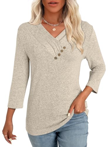 GKBK Women 3/4 Sleeve Tunic Tops for Leggings V Neck Button Down Loose T Shirts 2026 Fall Summer Dressy Business Casual Blouse Pullover Sweatshirt Work Fashion Trendy Sweater Outfit Clothes Khaki M