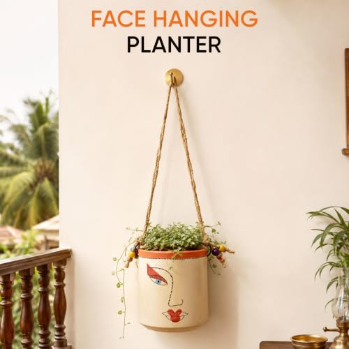 Image of AAKRITI ART CREATIONS Terracotta Hanging Planter | Handcrafted Artistic Face Design with Rope, Modern Art, White Matte Finish | Decorative Hanging Pot for Indoor & Outdoor Home Decor