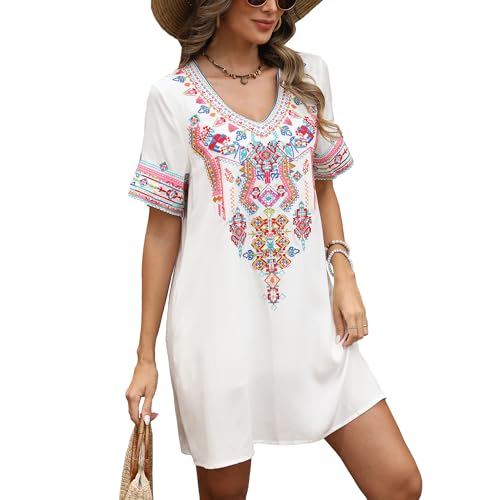 Image of Grosy Fiesta Embroidered Mexican Dress for Women Beach Vacation Plus Size Short Sleeve Summer Boho Dresses with Pocket