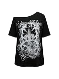 RoseSeek Women's Off The Shoulder Tops Gothic Graphic Tee Y2k Grunge Vintage Oversized T Shirts Trendy Outfits Black Large
