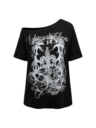 Women's Off The Shoulder Tops Graphic Goth Tee Y2k Vintage Asymmetrical Neck Oversized T Shirts