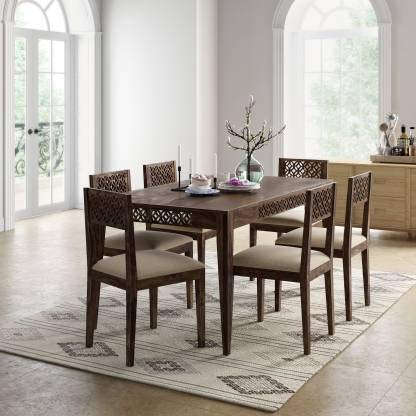 WOOD CRAFT Solid Sheesham Wood 6 Seater Dining Table Set with Cushion Chairs for Living Room | Wooden Six Seater Dining Table Sets for Home Kitchen Modern Dining Room Furniture (Walnut Finish)