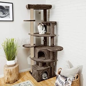 PURRWAY Multisory Playing Activity Kitten Cat Tree – Soft Fur Fabric | Furry Balls | Condos | Top Bed | Scratching Posts | Jute Rope | for Adult Cats & Kittens (Height 80 Inch) (Brown – FURR-92)