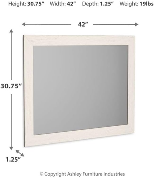 BOWERY HILL Contemporary Bedroom Mirror, 42 x 31 in, Engineered Wood Frame, White Finish with Replicated Wood Grain, Wall or Dresser Mount, Modern Style Decor for Bedroom or Living Space