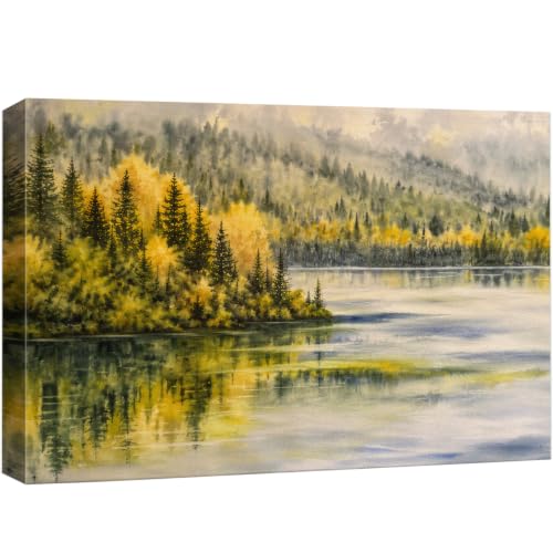 wall26 Canvas Print Wall Art Watercolor Autumn Forest Lake Photography Realism Chic Multicolor for Living Room, Bedroom, Office - 16"x24"