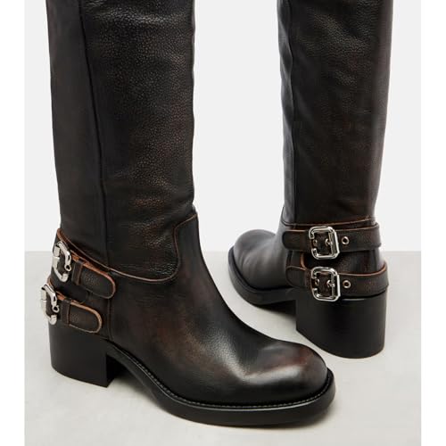 Women's Knee High Riding Boots Motorcycle Boots Round Toe Chunky Block Heel Fashion Buckles Biker Boot for Girls Ladies Fall Winter4