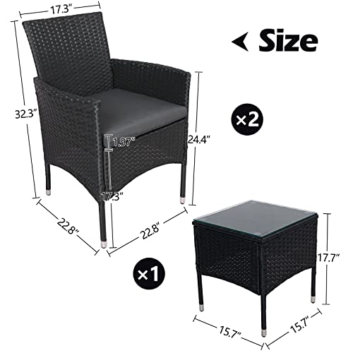 Mxfurhawa Patio Furniture Set 3 Pieces Outdoor PE Rattan Wicker Chairs with Tempered Glass Tabletop Outdoor Porch Conversation Furniture Sets for Garden, Poolside or Balcony (Grey)