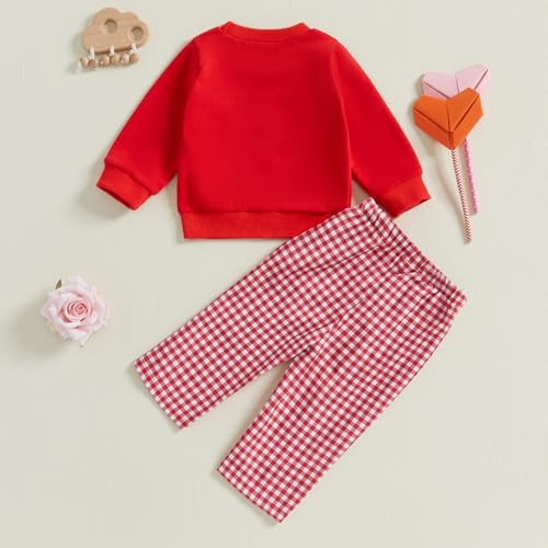 Toddler Baby Girl Boy Valentines Outfit Heart Embroidered Long Sleeve Sweatshirt Plaid Pants Set 2Pcs Clothes3