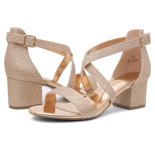 Image of Shoe Land SL-LESSA Women's Low Heels Open Toe Dress Heeled Sandals Cross Ankle Strap Chunky Block Short Heel Pumps Shoes for Office Prom Wedding Party