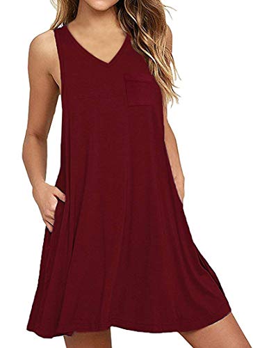 SENSERISE Womens Summer Beach Cover Up Sleeveless Swing T Shirt Dresses Loose Tank Dress with Pockets(Wine Red,XL)