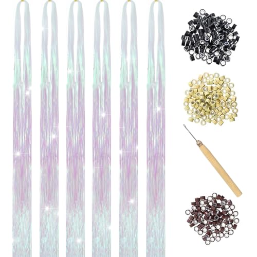 USHUIUS Hair Tinsel Kit With Tools Glitter Tinsel Hair Extensions 6Pcs 1200 Strands Sparkling Shiny Fairy Hair Tensile for Girls Women (White Pink 6Pcs)