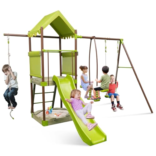 RELAX4LFE 7 en 1 Parque de Juegos de Madera, Columpio de Jardín con Tobogán para Niños, Columpio Ajustable en Altura, Casa de Juegos para Niños, 320 x 260 x 248 cm (Verde)