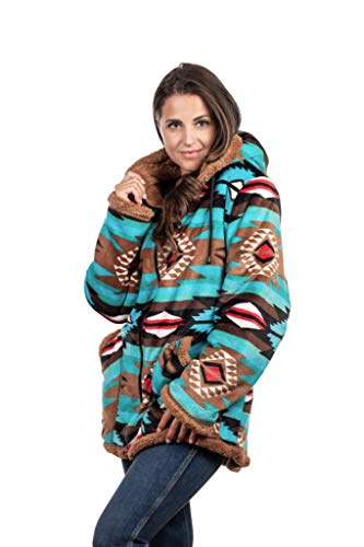 Trailcrest Ladies Smart Plush Sherpa Lined Hooded Sweater Jacket, Zip Up Classic (Small, Teal Aztec) #TOP3
