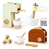 Pillowhale 3-in-1 Wooden Café Playset Bundle – Pretend-Play Coffee Maker, Hand Mixer & Pop-Up Toaster with Accessories for Toddlers 3+