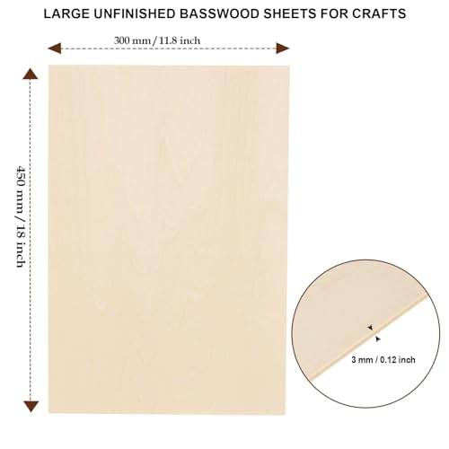 6 Pack Basswood Sheets for Crafts - 12 x 18 x 1/8 Inch - 3mm Thick Large Plywood Sheets Unfinished Bass Wood Boards for Laser Cutting, Wood Burning, Architectural Models, Staining