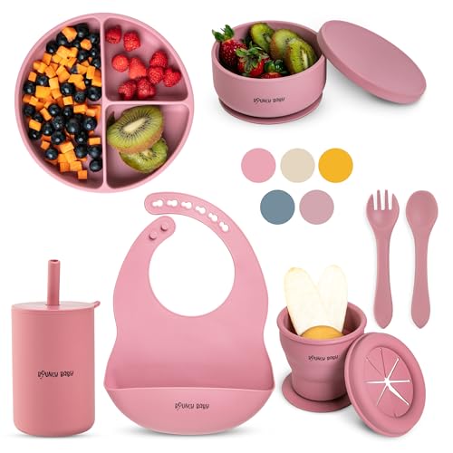 Image of Bouncy Silicone Feeding Set, 8 PCS Baby Led Weaning Supplies with Plates, Utensils, Spoon, Fork, Adjustable Bib, Silicone Feeding Set (Pink-Rose)