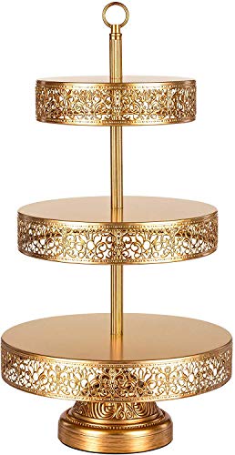 Amalfi Decor 3 Tier Dessert Cupcake Stand, Large Pastry Candy Cookie Tower Holder Plate for Wedding Event Birthday Party, Round Metal Pedestal Tray, Gold