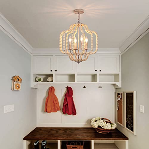 Eoodis Modern Chandelier Light Fixture, 4-Lights Wood Beaded Boho Pedant Lighting Vintage Farmhouse Orb Chandelier Ceiling Light Fixture For Dining Room Kitchen Bedroom Foyer Entryway #TOP1