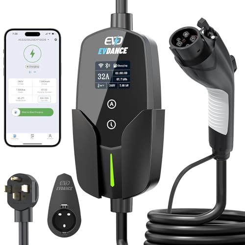 EVDANCE Level 2 EV Charger 32A 7.68kW Portable Electric Vehicle Charging Station 25FT Cable APP Control Delay Time & Adjustable Current Fast Home EV Charger Compatible with All J1772 EVs