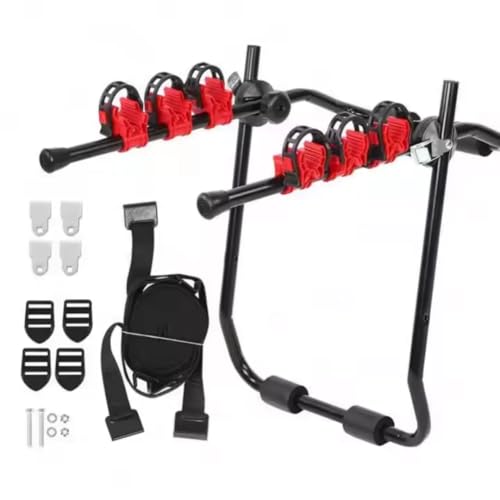 حامل دراجة عالمي للسيارة، رف تثبيت خلفي للسيارة بثلاث دراجات، حامل دراجة قابل للطي مع احزمة امان، اسود واحمر