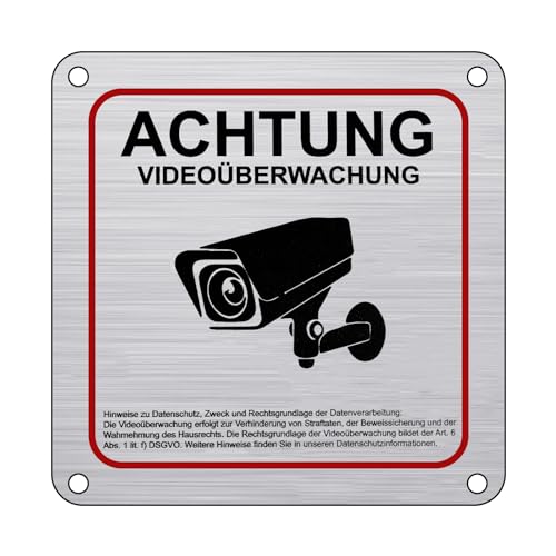 Flintronic Videoüberwachung Schild, 1-er 15x15cm Aluminium Schilder Kameraüberwachung mit DSGVO Hinweis, Achtung Privatgrundstück Warnschild für Innen Außen, Selbstklebend und 4 Bohrlöcher (10mm Dick)