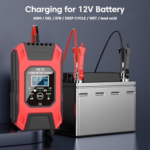 Image of Sounce Fully Automatic 7A 12V Car & Bike Battery Charger: Smart Battery Maintainer with Intelligent Digital Display & Multi-Protection: Compatible with AGM, Gel, Wet Lead-Acid, Calcium Batteries
