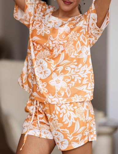 Image of Ekouaer Women's Waffle Knit Two Piece Lounge Set, Soft Matching Outfits for Daily Wear, Casual Shorts Set with Pocket