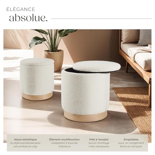 Ensemble de 2 poufs avec espace de rangement rond grand tabouret 38 x 42 cm petit tabouret 32 x 34 cm - vue 4