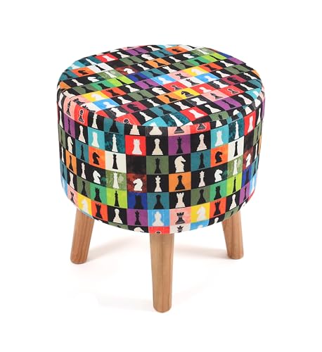 Image of NACIA Printed Ottoman Stool Set of 2 | Soft Cushioned Velvet Pouf Footrest with Wooden Legs | Decorative Seating Stool for Bedroom Living Room Home & Office (16x16x17 Inch, Multi Chess)