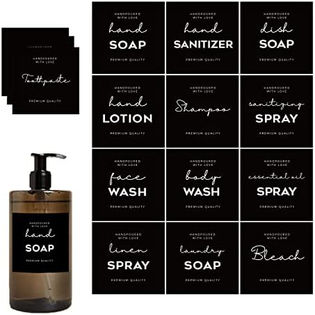 36 PCS Waterproof Label for Bottles, Minimalist Farmhouse Hand Soap Dispenser Label Stickers for Bathroom, Kitchen, Dish, Lotion Dispenser, Shampoo, Conditioner, 2.75 x 2.83 Inch (black)