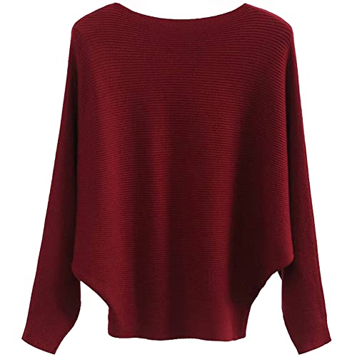 Ckikiou Womens Lightweight Oversized Boat Neck Sweaters Tops Dolman Batwing Sleeve Ribbed Knitted Pullovers Red