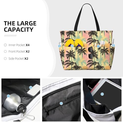 Large Beach Bags for Women Sandproof - Tropical Coconut Palm Print Summer Travel Work Tote Bags with Zipper3
