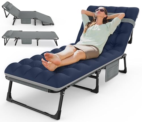 Image of Suteck Folding Camping Cot, Adjustable 5+2 Positions Reclining Portable Outdoor Cot Heavy Duty Sleeping Bed Cots w /Pillow Mat Carry Bag, Chaise Lounge Chair for Home Office Nap Beach Pool Patio Travel