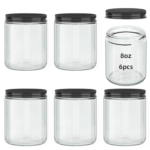 6Pcs 8OZ Thick Clear Glass Jars with Metal Lids, Clear Round Candle Making Jars,Empty Food Storage Containers, Mason Canning Jar For Spice, Powder, Liquid, Sample, Lotion, Cosmetic,Dishwasher Safe (6)