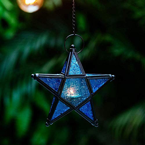 Glass Star Lantern Hanging Ornaments - Tea Light Lantern Window Hangings Living Room Patio Balcony Decoration Vintage, Blue + Purple #TOP2